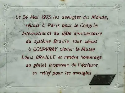 Plaque commémorative du 150e anniversaire du système Braille (1975), Coupvray.
