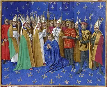 Couronnement de Philippe Auguste (Grandes Chroniques de France (Jean Fouquet), XVe siècle).