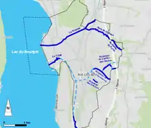 carte en couleurs de la localisation des cours d'eau sur Aix-les-Bains.