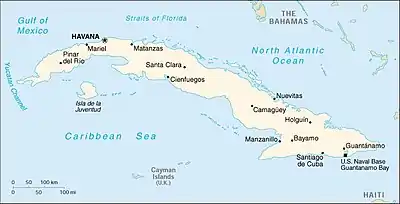 Carte de Cuba blanche sur fond bleu