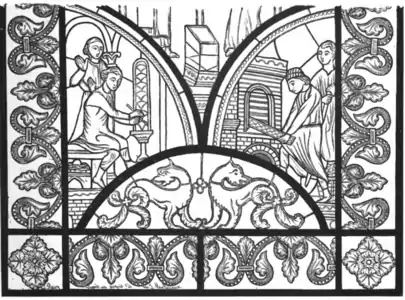 A gauche, le maître verrier peigne la future verrière dans son atelier avec, en arrière-plan, un témoin admiratif. À droite, un artisan dépose les panneaux de verre dans un four tandis que le cuiseur est debout, prêt à jeter du charbon dans le foyer.