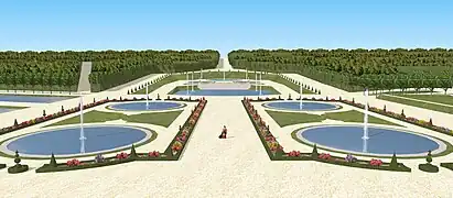 Vue restituée des jardins du château de Dampierre, depuis le premier étage du château.