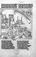 L'auteur Guy Marchant travaillant sur son ouvrage, gravure de Pierre Le Rouge