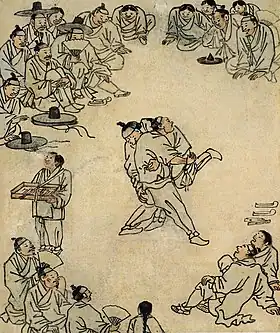 Lutteurs. Kim Hong-do (1745-v.1806/18). Feuille d'album, scènes de genre, encre sur papier, H. 27,7 cm. Musée national de Corée