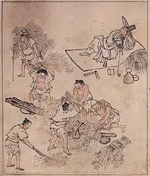Le battage du riz. Kim Hong-do (1745-v.1806/18), nom d'artiste Danwon. Feuille d'album, encre sur papier, H. 27,8 cm. Musée national de Corée
