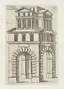 Dessin en noir et blanc d'un bâtiment ouvert à son rez-de-chaussée sur ses quatre côtés.