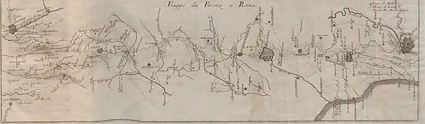 Cartographie d'un itinéraire de Florence à Rome en 1801