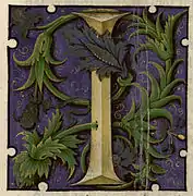 Grand I en relief sur fond mauve orné de feuillages verts.