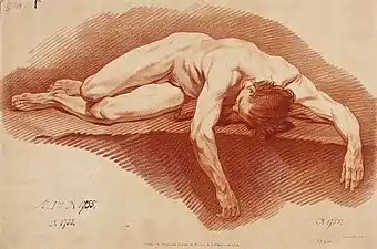 Étude d'homme allongé, d'après van Loo, gravure à la manière de crayon.
