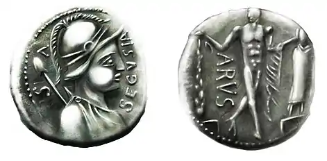 Monnayage ségusiave représentant Segeta-Seia (divinité des eaux de la Loire) et Arus (représentant les eaux de la Saône, génie de Lyon) - vers 43 av. J-C.