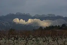 Au premier plan, la chaîne du Clapis précédant les Dentelles Sarrasines.
