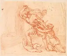 Dessin d'un homme branissant une épée sur un enfant et retenu par une femme.