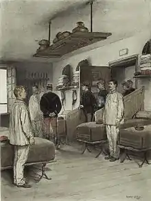 Tableau représentant des officiers vérifiant les chambres des conscrits.