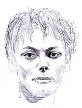 Dessin au crayon d'un homme au ton grave avec des cheveux mi-longs.