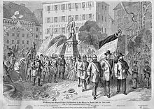 Gravure représentant des personnes arrivant à La Chaux-de-Fonds