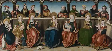 Jan Baegert, La Sainte Parenté (1530), Museum für Kunst und Kulturgeschichte Dortmund (de). Au premier rang les femmes : Au centre Marie, mère de Jésus ; à gauche et à droite, deux femmes sans enfant : Anne reconnaissable au livre, et sa sœur Ismérie. Entre Marie et Ismérie, Élisabeth portant Jean-Baptiste. Les trois autres femmes sont reconnaissables au nombre d'enfants : deux pour Marie Salomé, quatre pour Marie Jacobé, et un pour Memelia (?), mère de Servais.