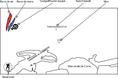 Image montrant au premier plan à gauche, une arbalète dessinée, à droite, une main tenant une épée, en haut à gauche deux traits rouge et bleu, au centre une cible dessinée.