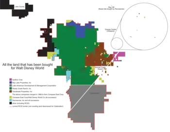 Carte des terrains achetés par Disney, Celebration est en gris.