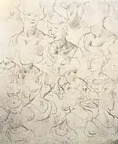 Dessin présentant 18 bustes de femme esquissés