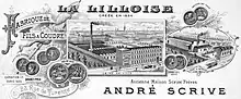 Dessin en noir et blanc représentant, à gauche plusieurs médailles surmontées du texte enluminé, fabrique de fils à coudre, au centre un encart rectangulaire représentant un ensemble industriel, l'usine de Lille, surmonté de la marque La Lilloise, à droite d'un médaillon représentant une autre usine plus petite, l'usine de Wervicq, en bas le nom du propriétaire, André Scrive