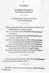 Un document intitulé « Une lettre au très honorable Lord Vicomte Molesworth » et contenant plusieurs extraits bibliques. Il porte les mêmes signature et imprimeur que précédemment.