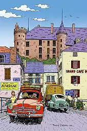 Évocation dessinée des embouteillages de la N 7 à Lapalisse dans l'Allier, par Thierry Dubois.