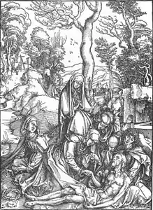 Lamentation du Christ, gravure sur bois
