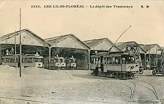 Vue en plus gros plan du dépôt de Floréal, avec la motrice 214 affectée à la ligne 5.