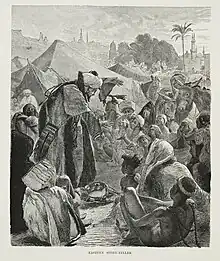 Gravure représentant un conteur oriental captivant son auditoire.