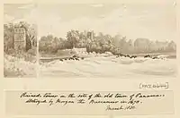Tour en ruine sur le site de Panamá Viejo, détruite lors de la bataille de Mata Asnillos par le boucanier Henry Morgan en 1671 (mars 1850).