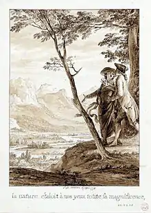 Du haut d'une colline un homme fait admirer à un autre le paysage de la vallée du Pô au soleil levant.