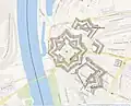 Emplacement approximatif de la citadelle sur le plan de la ville de Kehl aujourd'hui. En bas de la carte sous "Jahnstrasse", le vieux Rhin et le Rosengarten permettent de situer le cours du Rhin à l'époque