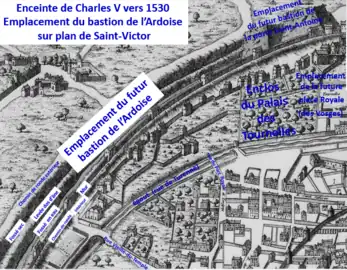 Site du futur bastion de l’Ardoise sur plan de Saint-Victor vers 1530 Site du futur bastion vers 1530 sur plan de Saint-Victor