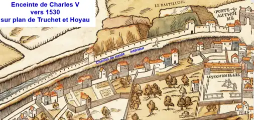 Enceinte de Charles V près de la porte Saint-Antoine sur le plan Truschet et Hoyau.