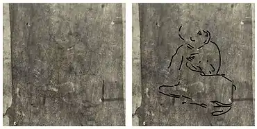 Dessin au crayon représentant un enfant jouant avec un agneau.