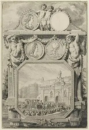 La Porte Saint-Antoine vieillie lors de l'entrée de Louis XV en 1715