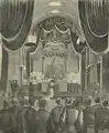 Gravure représentant Mgr Domenico Maria Jacobini remettant la rose d'or à Amélie d'Orléans, reine du Portugal, dans la chapelle du Palácio das Necessidades le 4 juillet 1892.