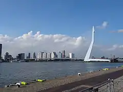 panorama d'une rivière avec pont et rangée de gratte-ciel en arrière-plan