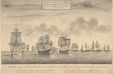 Le Languedoc sous gréement et gouvernail de fortune rejoint par les autres vaisseaux.