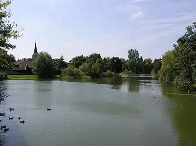 Vue sur le clocher depuis l'étang du château.