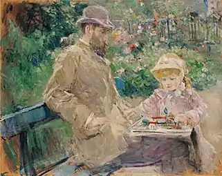 Berthe Morisot, Eugène  Manet et sa fille à Bougival, 1881, Paris, musée Marmottan Monet. Taille : 50cm x 60cm