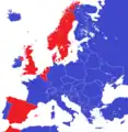 Carte des régimes politiques en 2015 en Europe. Républiques en bleu, monarchies en rouge.