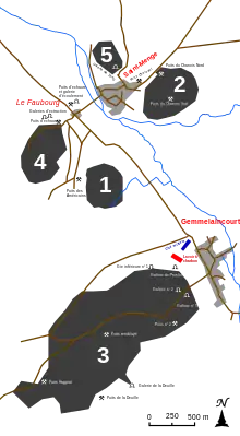 Carte localisant les travaux miniers et les villages.