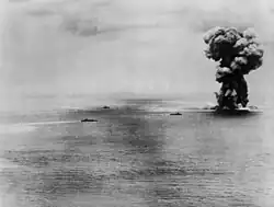 Photographie en noir et blanc lointaine du navire après l'explosion. Un énorme colonne de fumée s'en dégage.