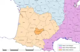Localisation du département de Tarn-et-Garonne sur la carte des bassins hydrographiques français.