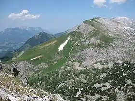 Vue du Fagstein depuis le Hoher Laafeld, devant les pentes herbeuses du Obere Roßfeld ; en arrière-plan l'Untersberg, le Jenner et le Hohes Brett.