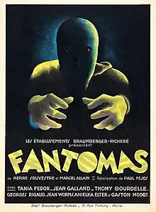 Affiche du film Fantômas de Paul Fejos (1932), le premier long-métrage parlant consacré au personnage. L'affichiste anonyme fait ressortir les mains d'étrangleur de Fantômas, méthode d'assassinat favorite du « Maître de l'Effroi ».