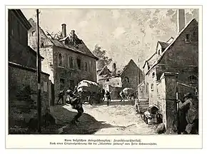 Dessin réaliste représentant un franc-tireur faisant feu sur un soldat allemand