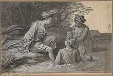 Dessin. Femmes en longues chemises et coiffes de dentelle (Fontanges)