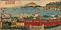 Premier train à vapeur quittant Yokohama, triptyque de Utagawa Kunimasa.